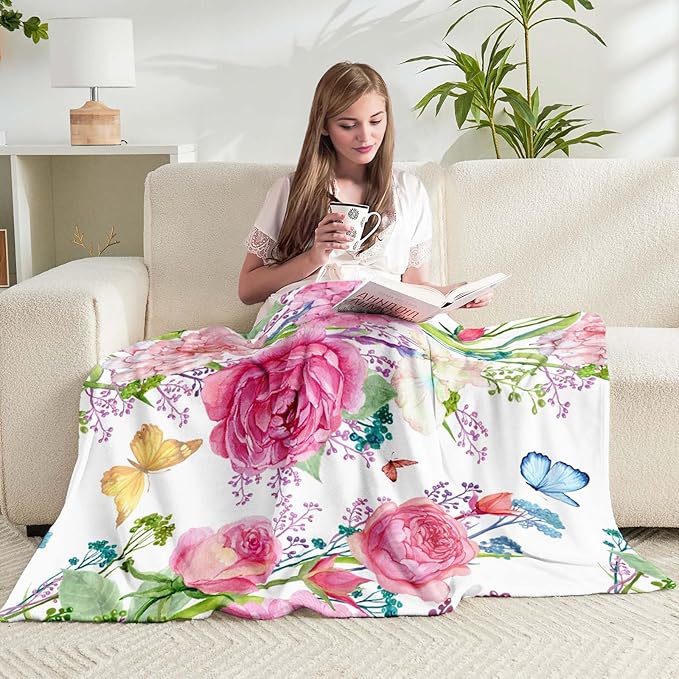 Floral Throw Blanket for Girls Women Watercolor Flowers Blanket Soft Fuzzy Flannel Bed Blanket Plush Floral Birthday Gifts for Women Mom Kids Adults, 50”x60”