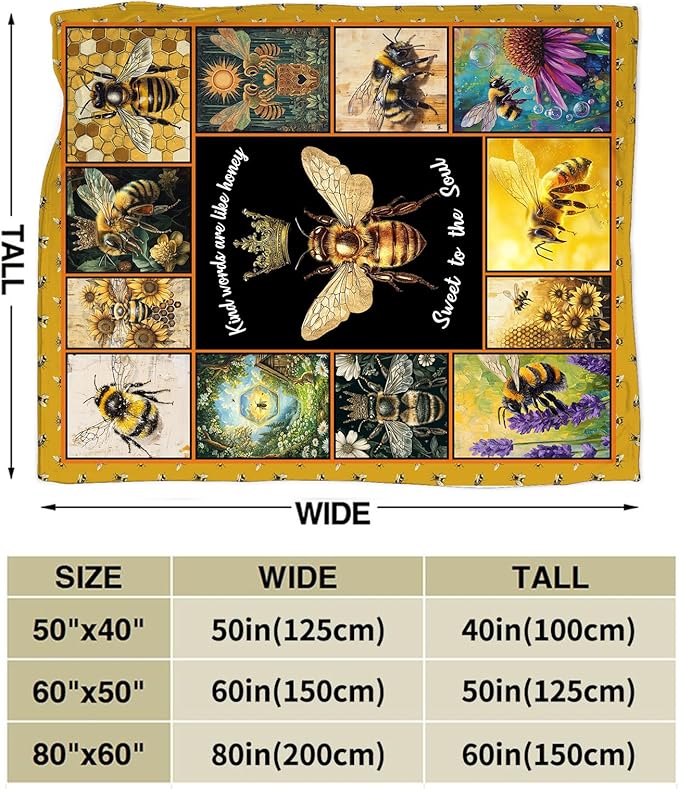 Bee Blanket Ultra Soft Cozy Bee Queen Throw Blanket Fleece Fuzzy Plush Bee Honey Blanket Decor Gifts for Women Girls Adults Couch Sofa 80"x60"