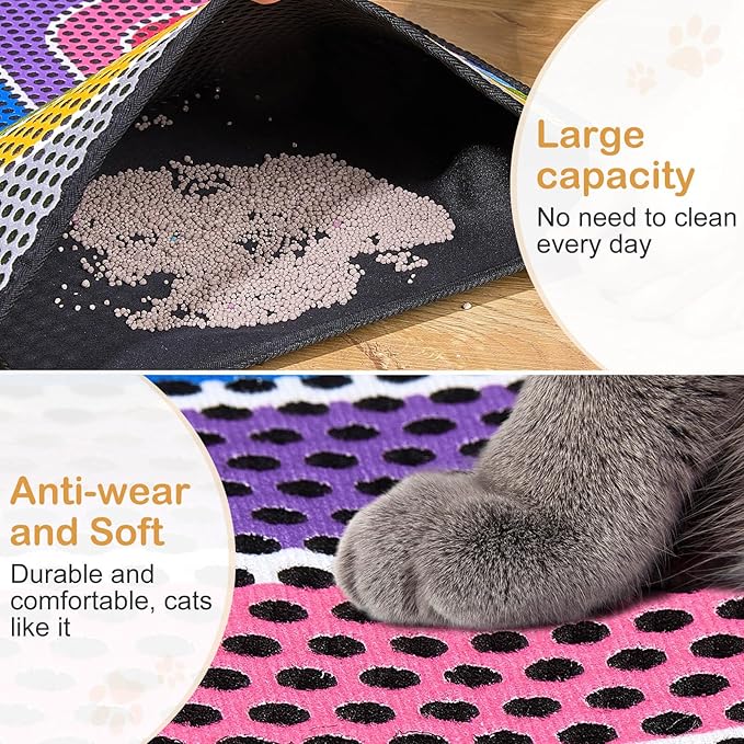 Bienbee Cat Litter Mat, 24"x15" Cat Litter Trapping Mat, Double Layer Litter Mat with Non-Slip Rubber Bottom, Urine and Water Proof, Keeps Floors Clean Rainbow M