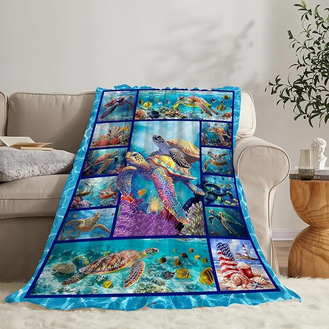 Sea Turtle Blanket Ultra Soft Cozy Sea Turtle Throw Blanket Fleece Fuzzy Plush Bedding Marine Life Lovers Gifts for Women Girls Kids Adults Couch Sofa 60"x50"