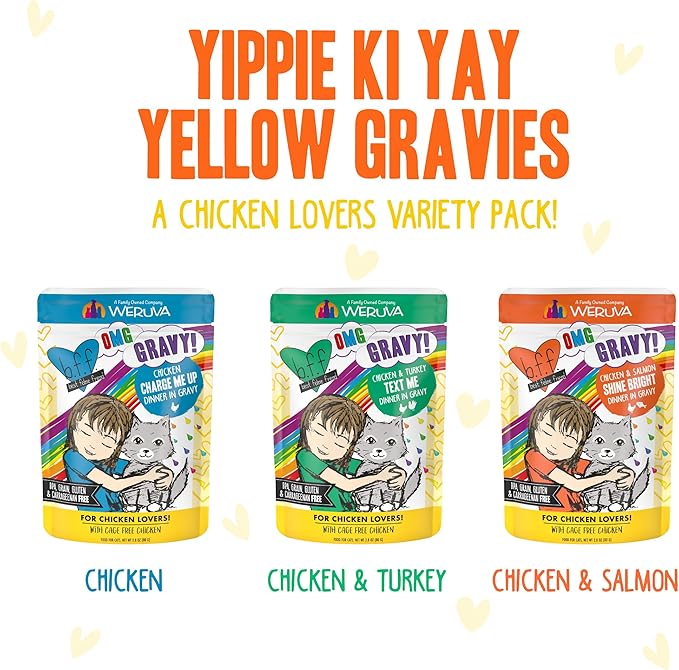 Weruva B.F.F. OMG - Best Feline Friend Oh My Gravy!, Yippy Ki Yay Yellows! Variety Pack, 2.8oz Pouch (Pack of 12)