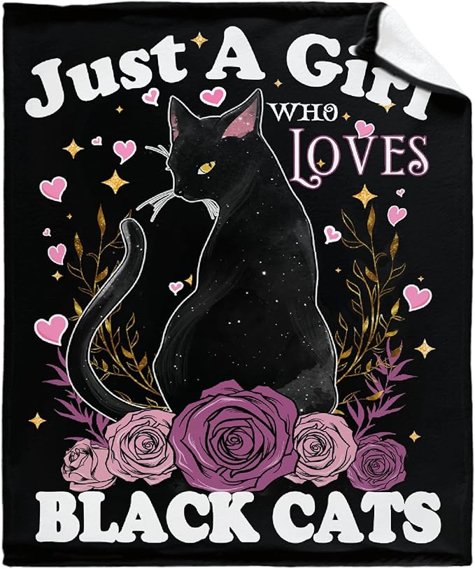 Just A Girl Who Loves Black Cats Blanket Gifts for Girls Boys, Cute Black Cat Throw Blanket for Cat Lovers Soft Lightweight Flannel Fleece Kitten Decor Plush Bedding for Teens Sofa Bed Chair 60x50In