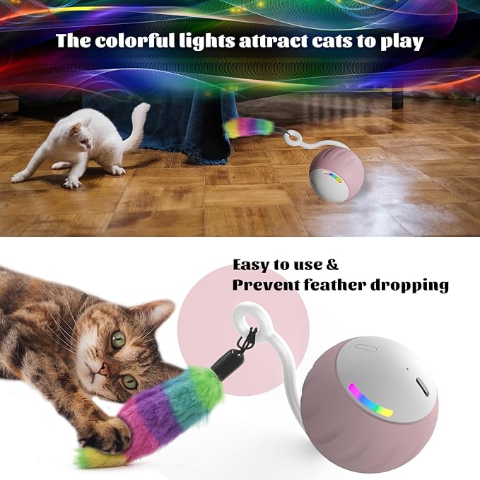 Cat Toy, Interactive Cat Toys for Indoor Cats, DIY 5 in 1 Automatic Moving Cat Ball Toys/Puppies Toys with LED Rainbow Lights, Two Speeds Smart Cat Toys,USB Rechargeable (Pink)