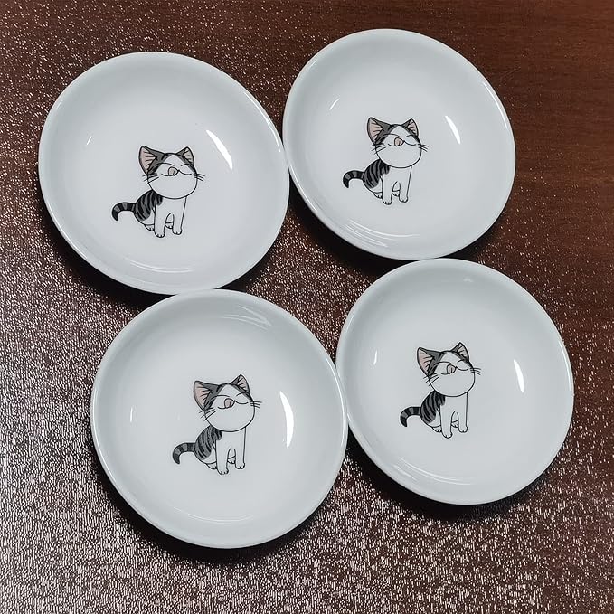4 Pack Saucer Dishes with Cat Pattern, Ceramic Dipping Bowls Set, 4 Inch Side Dishes Sauce Dishes for Sushi Sauce Snack Soy, Porcelain Seasoning Dishes Side Bowls, Snack Serving Dishes