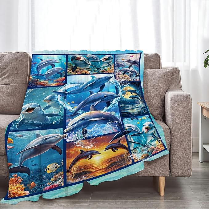 Dolphin Blanket Ultra Soft Cozy Dolphin Throw Blanket Fleece Fuzzy Plush Bedding Marine Life Lovers Gifts for Women Girls Kids Adults Couch Sofa 60"x50"