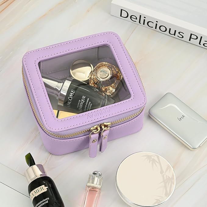 Aveniee Mini Clear Makeup Bag, Small Cosmetic Bags Travel Toiletry Bag, TSA Approved Clear Makeup Case Pouch with Zipper, Car Organizer Essentials for Women Men(Lilac)