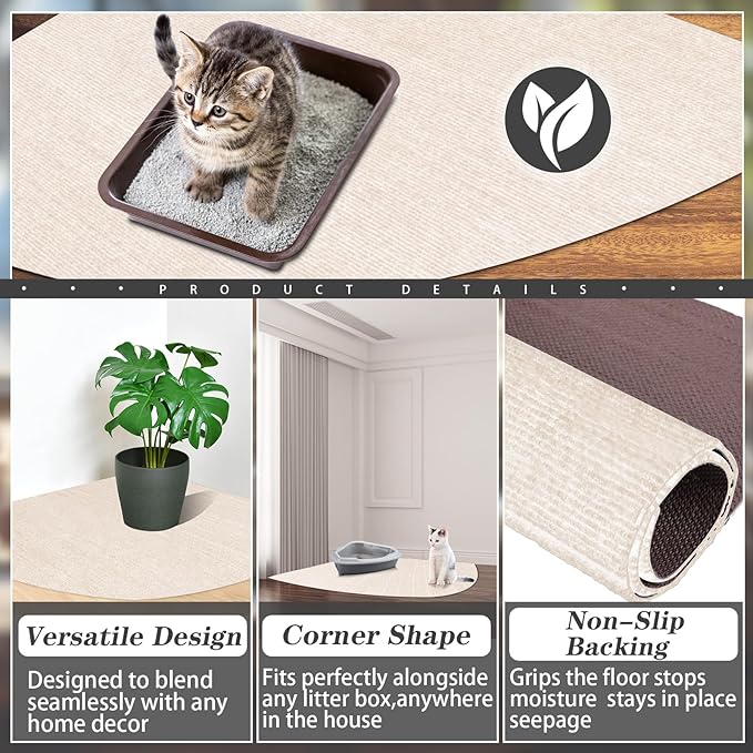 2 Pcs Corner Cat Litter Mat 29 Inch Litter Mat for Corner Machine Washable Litter Mat Ridged Design Fan Shaped Cat Litter Mat Absorbent Cat Litter Rug for Box Less Waste Space (Beige White)