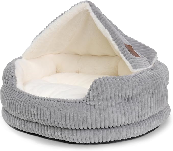 Cat Beds for Indoor Cats,with Soft Hooded Blanket.Comfortable Cute cat Bed,Removable Inner pad Washable with Non-Slip Bottom,Cozy Kitten、Small Dog Bed (Grey)