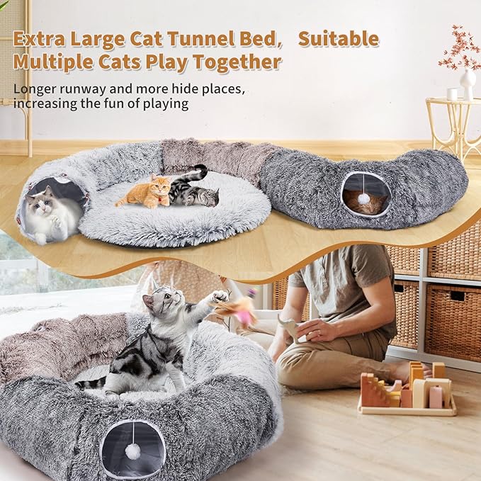Odoland Large Cat Tunnels for Indoor Cats Fluffy Cat Bed and Detachable Cat Cave Tunnels with 20 Cat Toys, Cat Donut Tunnel and Variety Kitten Toy Set for Chewing Playing