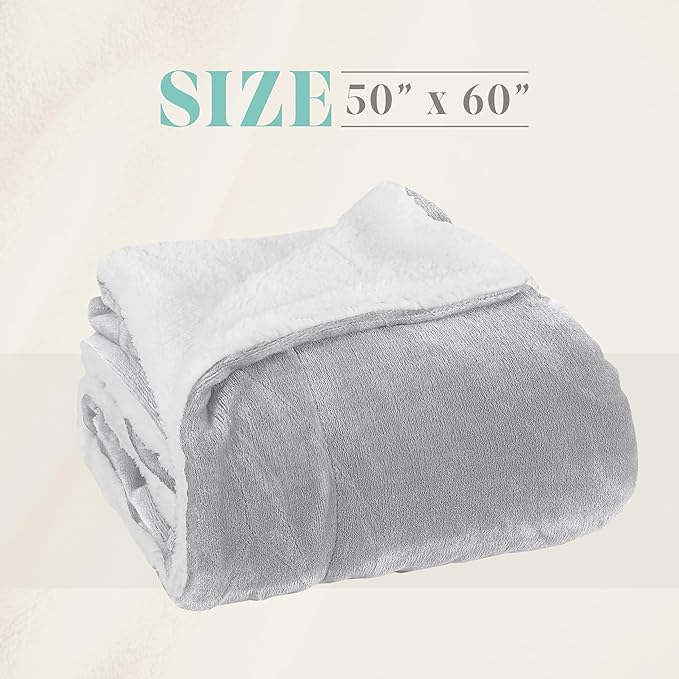 Elegant Comfort Reversible and Ultra-Plush Flannel Fleece Sherpa Throw- Lightweight Soft and Cozy- All Season Decorative Throw, Perfect for Lounging, 50 x 60 inches, Silver Grey