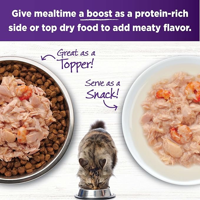 Wellness Bowl Boosters Grain Free Wet Cat Food Topper, Flaked Tuna & Shrimp Recipe in Broth, 1.75 Ounce Pouches (Pack of 12)