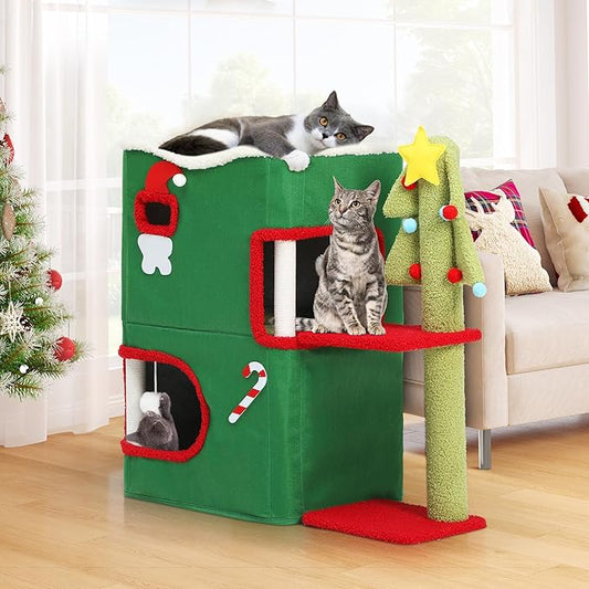 YITAHOME Christmas 2 Storey Cat House for Indoor Cats Bed, Covered Cat Beds & Furniture with Highway Cave, Scratch & Itching Post, Christmas Modern Cat Condo Furniture for Multi Small Cats