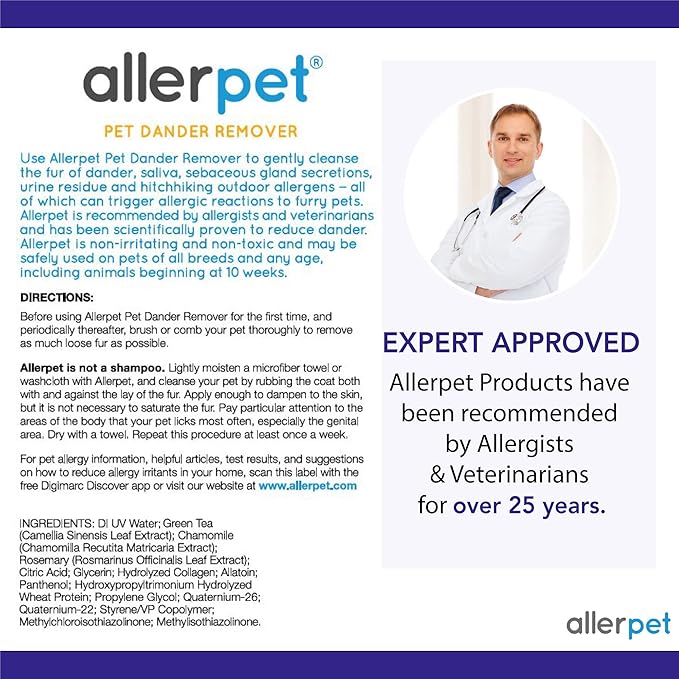 Allerpet Single Solution 16 fl oz Bottle Dander Remover for Pets - Relieves Allergies - Bonus Mitt to Easily Apply Solution to Your Pet