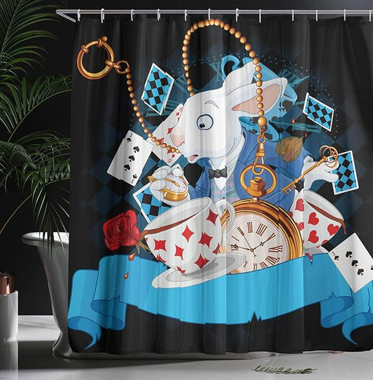 Ambesonne Alice in Wonderland Shower Curtain, Rabbit Motion Cups Hearts and Flower Character Alice Cartoon Style, Cloth Fabric Bathroom Decor Set with Hooks, 69" W x 84" L, Dark Blue Charcoal Grey