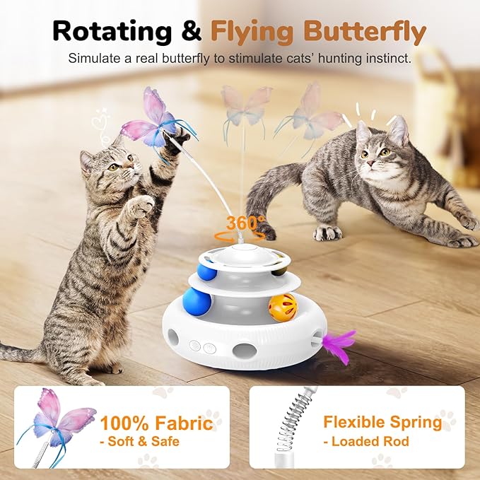 Cat Toys, 4-in-1 Rechargeable Automatic Interactive Cat Toy with Fluttering Butterfly, Random Moving Ambush Feather, Two-Tier Track Balls, 5H Smart Standby, Touch-Activated (White)