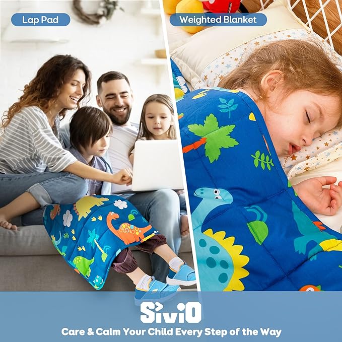 Sivio Weighted Lap Pad 2lbs, Cotton Weighted Blanket Sensory Weighted Lap Blanket Indoor Outdoor, 19 x 21 Inch, Blue Dinosaur
