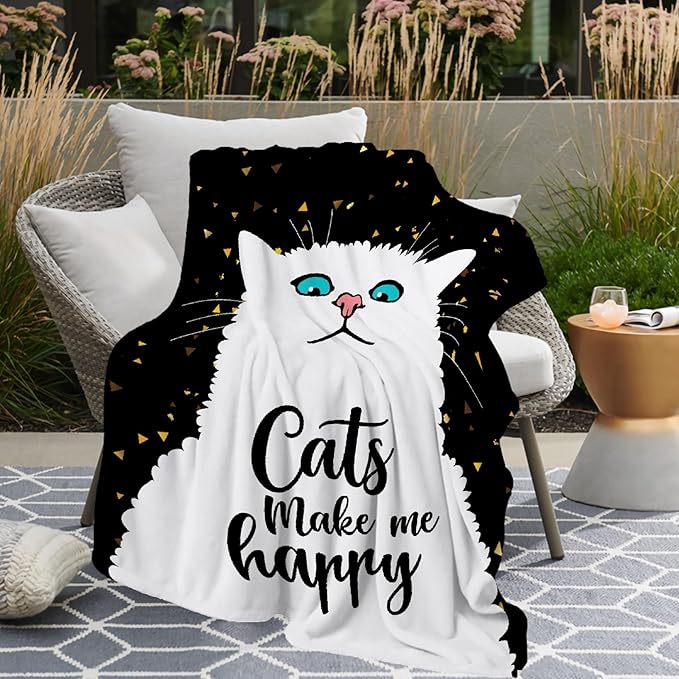 Cat Make Me Happy Throw Blanket Super Soft Cozy Black Cat Blanket for Kid Adult Women Men Cat Lover Gift Cute Pet Cat Fleece Blanket for Couch Bed Sofa Chair Home Decor 120"x 90"Extra Large for Family