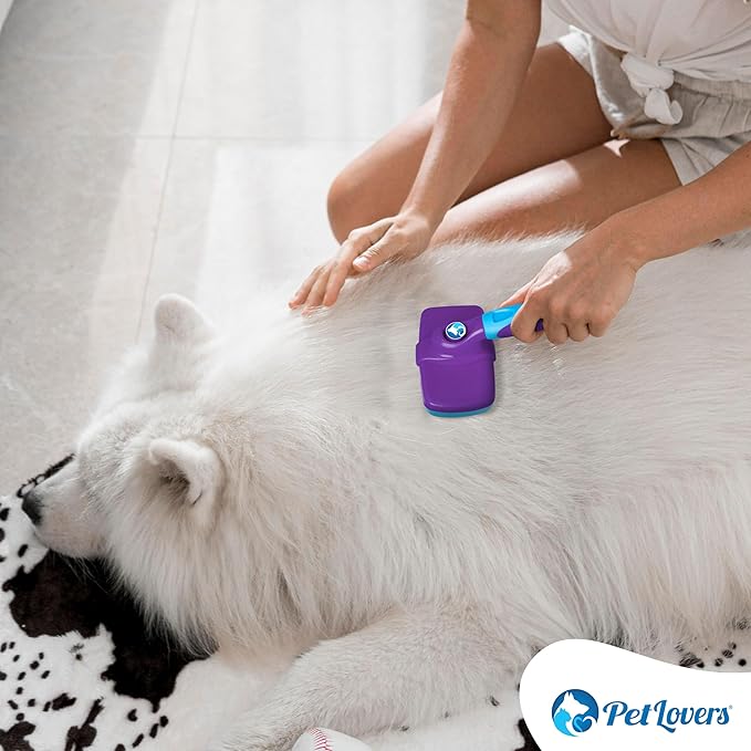 PetLovers EzSlicker Self-Cleaning Brush - Dog Brush for Shedding, Gentle Slicker Brush for Cats, Tangle-Free Grooming Comb with Soft Bristles & Ergonomic Handle for Stress-Free Grooming (Purple)