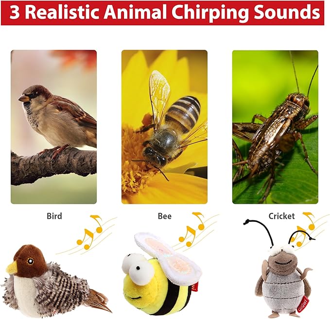 Gigwi Automatic Cat Toys Pack, Interactive Cat Toys Electronic Squeaky Animals Bird/Cricket/Bee, Plush Toys for Cats to Play Alone, Play and Squeak Cat Toys for Indoor Cats Boredom, 3 Pcs