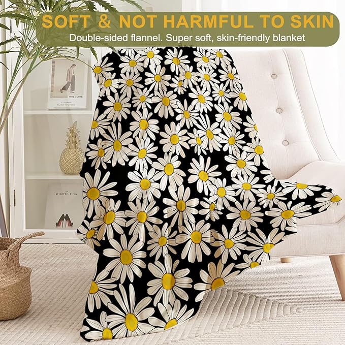 Daisy Blanket Plush Flannel Throw Blanket - Ultra Soft & Warm, Comfy & Lightweight - Perfect for Couch, Travel, Bedroom, Bed, Living Room - Cozy, Fuzzy Gift 50in×60in