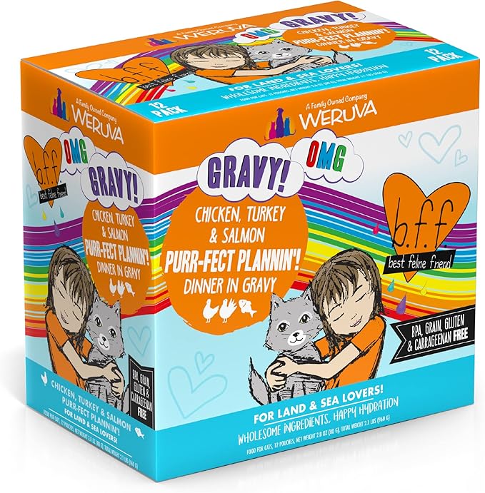 Weruva B.F.F. OMG - Best Feline Friend Oh My Gravy!, Purr-FECT Plannin'! with Chicken, Turkey & Salmon in Gravy Cat Food, 2.8oz Pouch (Pack of 12)
