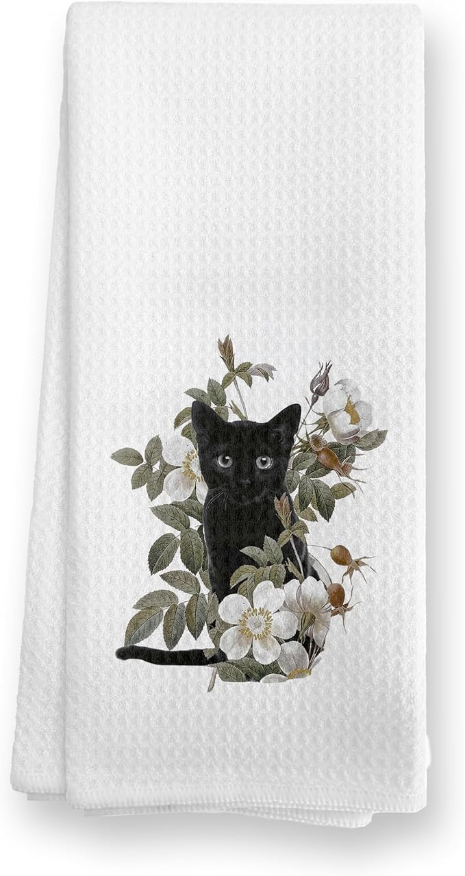 Black Cat Kitchen Towels, Floral Cat Hand Towels for Bathroom, Cat Dish Towels for Kitchen, Cat Towels for Cat Lovers, Black Cat Gifts, Cat Mom Gifts, Black Cat Decor, 16x24 Inch