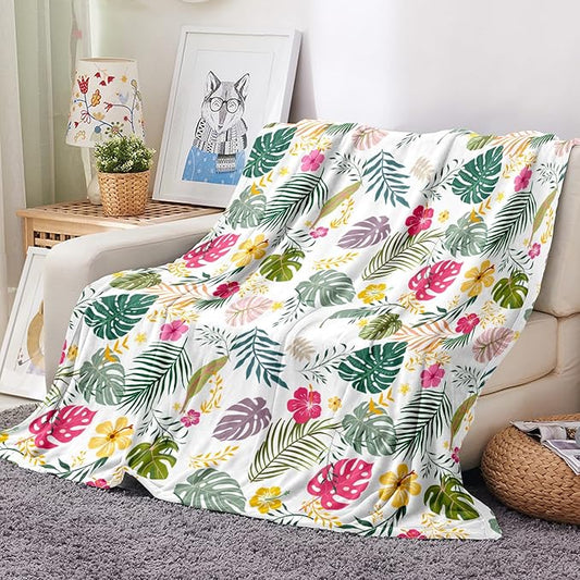 Tropical Palm Leaves Throw Blanket Floral Flower Flannel Fleece Throw Blankets Botanical Plant Cozy Fuzzy Plush Throw Blanket Nature Soft Throw Blankets for Sofa Bed 50" X 60"