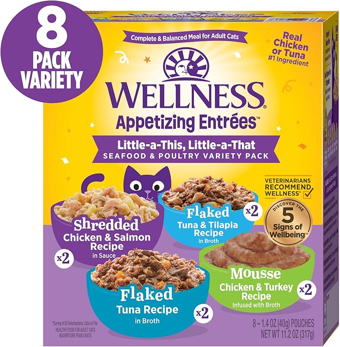 Wellness® Appetizing Entrées™ Little-a-This, Little-a-That, Seafood & Poultry Variety Pack, Natural Wet Cat Food, 1.4 oz Pouch (Pack of 8)