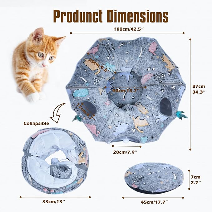 Cat Tunnel Bed,Cat Tunnel Bed with Soft Central Cat Couch,Cat Toys for Indoor Cats,Collapsible Peekaboo Cat Cave,Cat Donut Tunnel and Kitty Toy Set（Luminous，Donut）