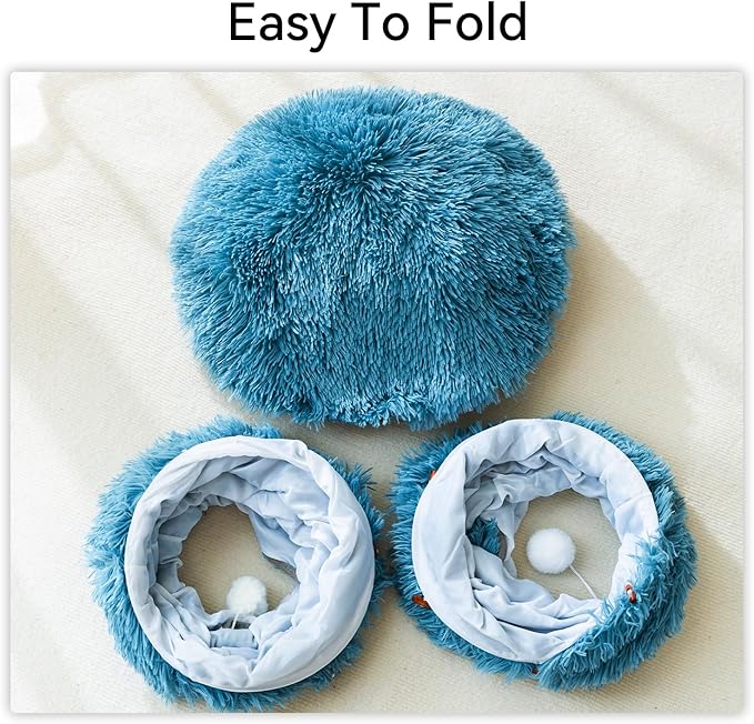 HIPIPET Winter Plush Cat Tunnel with Cat Bed for Indoor Cats,Multifunctional Cat Toys for Small Medium Large Cat.(Blue)