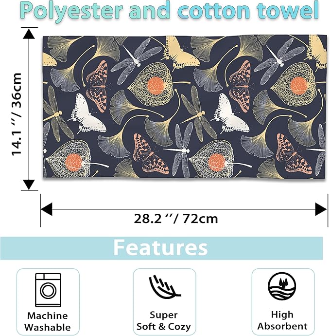 Ginkgo Leaves Hand Towels Set of 2 - Vintage Floral Fingertip Polyester Cotton Soft Bath Towels for Bathroom, Kitchen, Hotel, Spa - 14"X28"