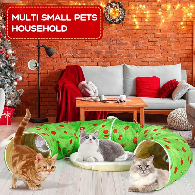 Christmas Cat Tunnel Bed 3ft x 3ft x 9.8in Under Christmas Tree Cat Tunnels for Indoor Cats Xmas Lime Green Cat Donut Tunnel Foldable Plush Peekaboo Cat Cave Toy for Small Cat Kitten Kitty