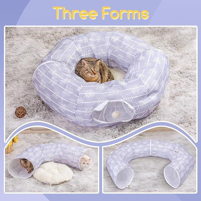 Nobleza Cat Tunnel Bed, Collapsible Washable Cat Tube Tent Toy for Indoor Play Rest, Lightweight Ventilate Cool Kitty Tube Toy Round Donut Tunnel with Detachable Cushion Hanging Balls