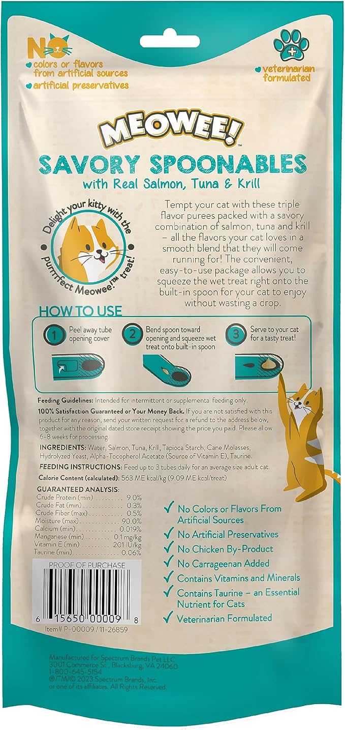 Savory Spoonables with Real Salmon, Tuna & Krill, 4 Count Tube, Triple Flavor Squeezable Lickable Wet Treats for Cats with Built-in Spoon for Less Mess