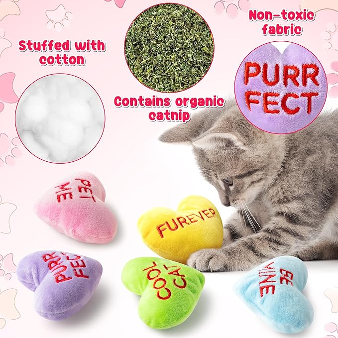MALLMALL6 5Pcs Valentine’s Day Conversation Heart Candy Catnip Toys for Cat, Catmint Interactive Cat Toy for Indoor Cats, Soft Plush Pet Sweetheart Gift Supplies, Kitten Teething Chew Kick Toy Set