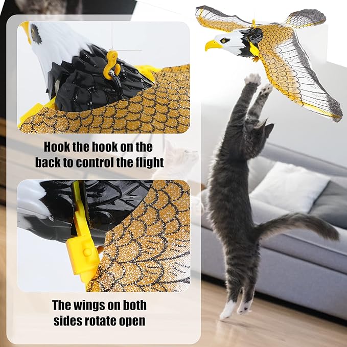 LOMIMOS Flying Interactive Bird Cat Toy, Hanging Spinning Simulation Bird with Light Sound for Indoor Ceiling Kitten Play Chase Exercise Eliminating Boredom(Eagle)