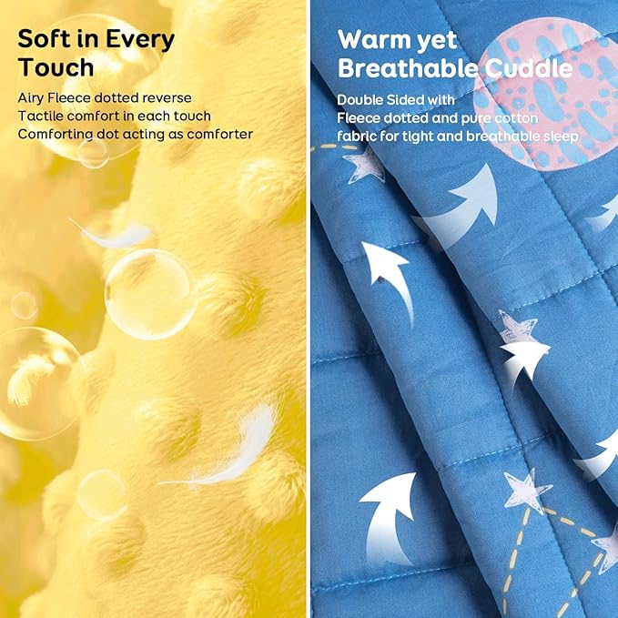 Uttermara Weighted Blanket 7 lbs, Ultra Cozy Minky Fleece and Cotton Sided with Cartoon Patterns, Reversible Heavy Blanket Great for Sleeping, 36x48 inches, Blue Star Moon