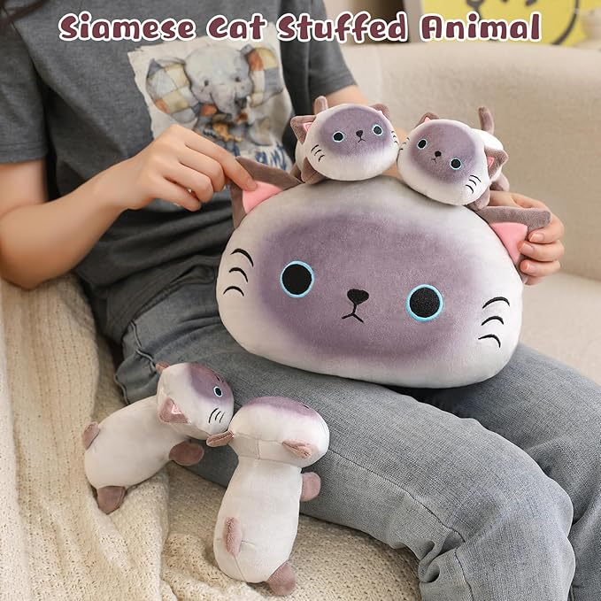 Siamese Cat Plush Cute Siamese Cat Stuffed Animal Pillow with 4 Baby Plushies in Her Tummy, Soft Cotton Stuffed Animals Toy Gifts for Kids