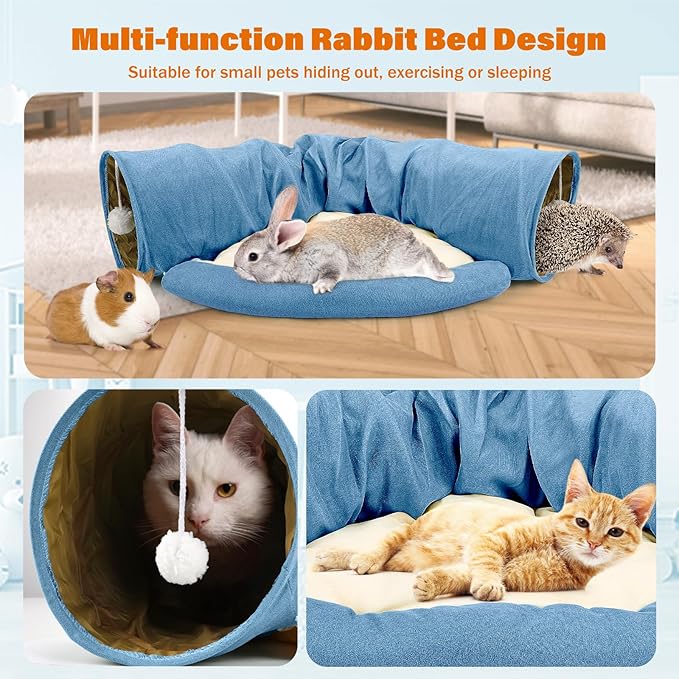 BWOGUE Bunny Tunnel Bed, 2-in-1 Collapsible Tunnel Tubes Toys with Removable Mat Hideout for Cats Kittens Rabbits Guinea Pigs Kitty