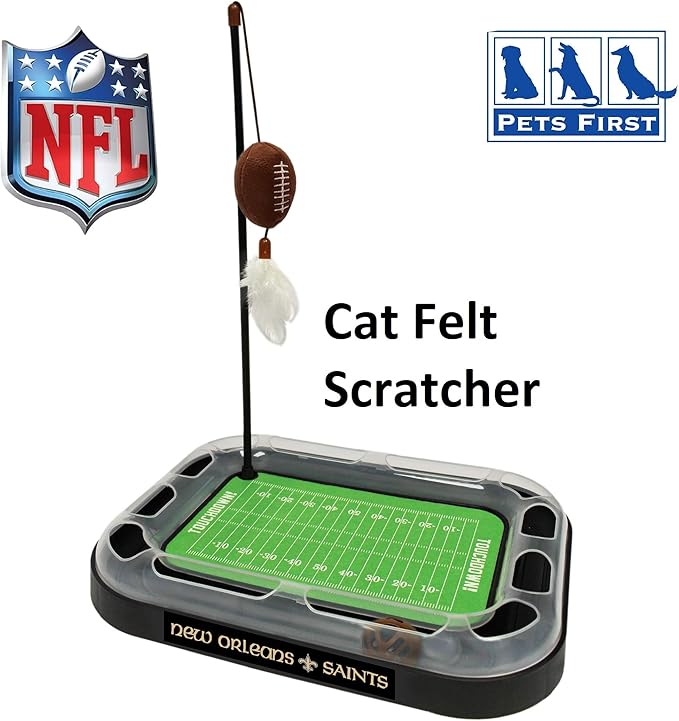 CAT BELL BALL NFL New Orleans Saints Football Field CAT Scratcher Toy with Catnip Filled Plush Football Toy & Feather Cat Toy Hanging, with Jingle Bell Interactive Ball Cat Chasing 5-in-1 Kitty Toy