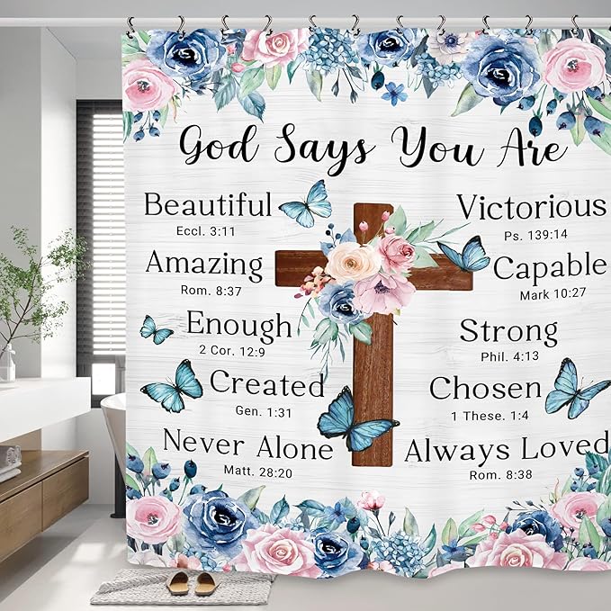 Bible Flower Shower Curtain 60Wx72L Inch Christian Scripture Cross Inspirational Motivational Positive Bathroom Set Accessories Decor with 12 Pack Hooks