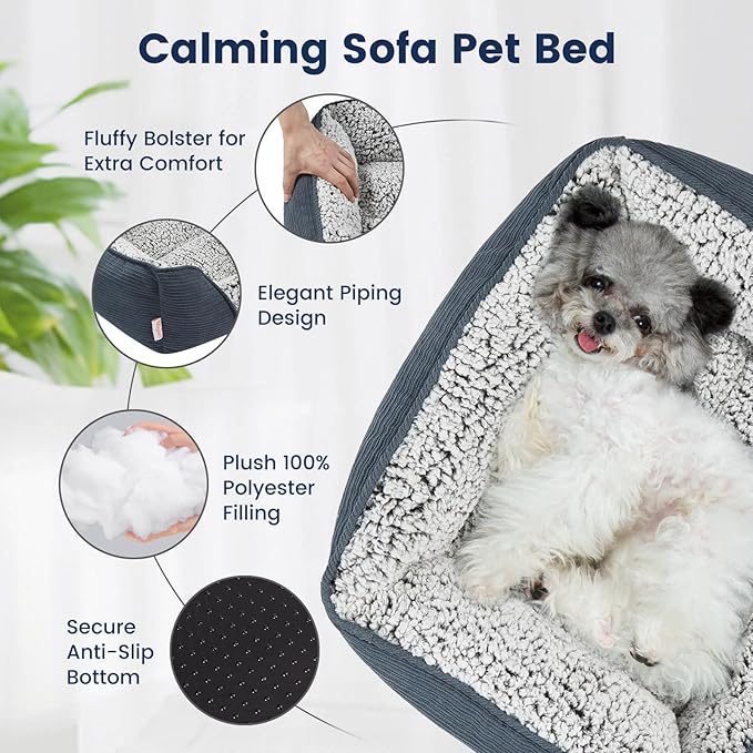 Miguel Washable Cat Beds for Indoor Cats with Removable Cushion, Easy to Wash Small Pet Sofa Bed with Side, Rectangle Bolster Kitten Bed Calming Cuddle Puppy Bed with Anti-Slip Bottom, Blue 20 Inch