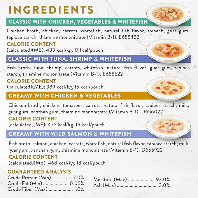 Purina Fancy Feast Broth Complement Chicken and Seafood Lickable Grain Free Wet Cat Food Variety Pack - (Pack of 20) 1.4 oz. Pouches