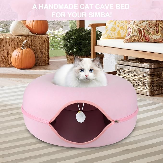 Cat Tunnel Bed, Cat Cave Bed ，Beds for Indoor Cats - Large Cat House for Pet Cat Cave ，Detachable Round Felt & Washable Interior Cat Play Tunnel for Small Pets (24 Inch, Pink)