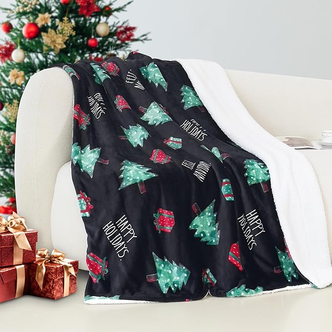 Elegant Comfort Reversible and Ultra-Plush Flannel Fleece-Winter Christmas Sherpa Throw- Lightweight Soft and Cozy-Holiday Decorative Throw, Perfect for Lounging, 50 x 60 inches, Feliz Navidad