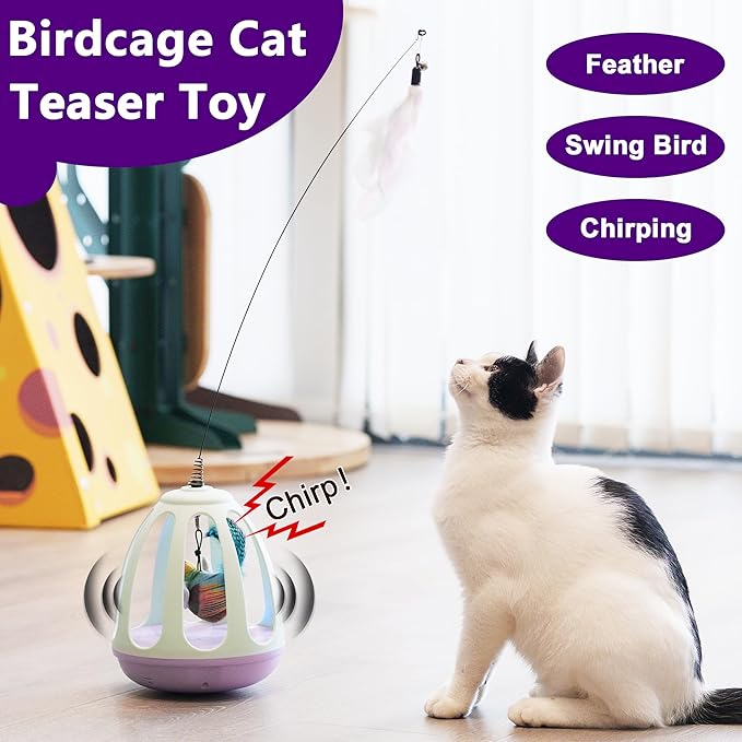 Interactive Cat Toys for Indoor Cat Feather Toys,Automatic Chirping Swing Kitten Toys for Cats Self Play,Flapping Bird Cat Toy,Rechargeable,Birdcage Cat Teaser Toy