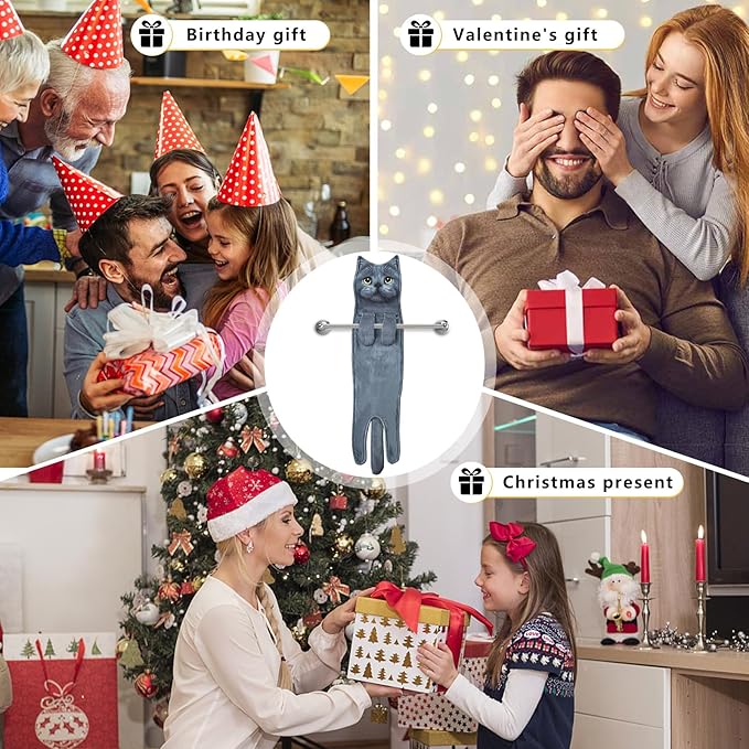 PAT JUUMG Funny Hand Towels for Bathroom Kitchen Decor, Cute Decorative Hanging Face Towels, Super Absorbent Soft, Housewarming Gift, Cat Lovers Gifts for Women (Blue Cat)