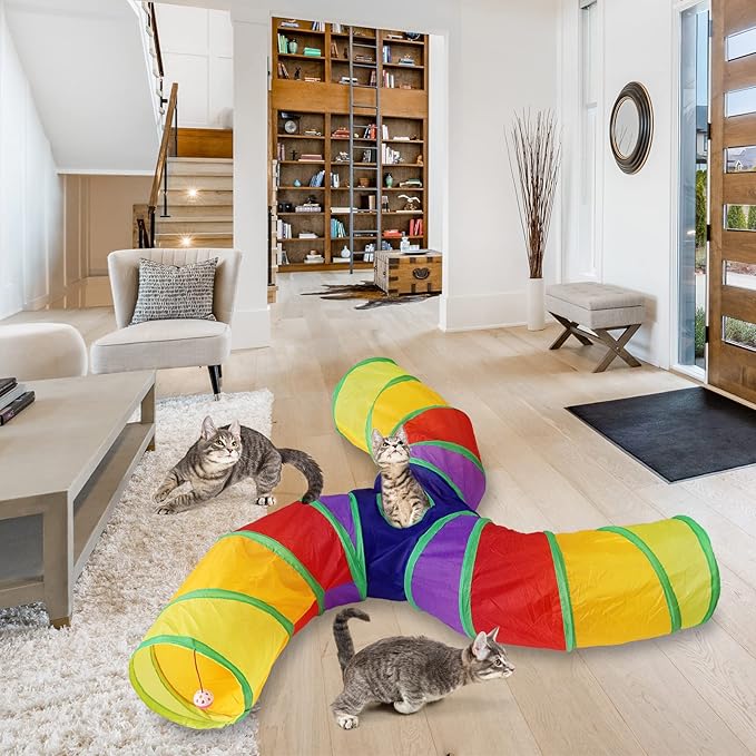 Bemodst Cat Tunnel for Indoor Cats Large,Cat Tubes and Tunnels Collapsible S-Shape Cat Tubes Kitty Tunnels Interactive Cat Toy with Storage Bag for Cat Small Dogs Ferret Rabbit (Colored 3-Way)