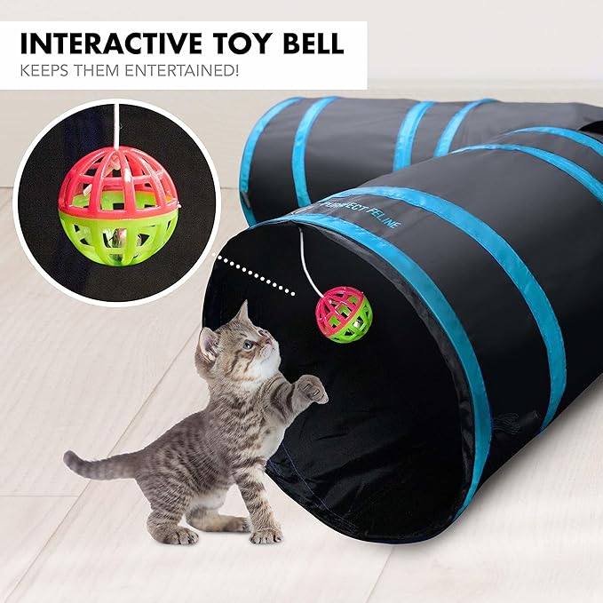 Purrfect Feline - 4 Way Cat Tunnel and Crinkle Cat Toy - Interactive Cat Toy with Cat Ball - Cat Supplies for Indoor Cats - Suitable for Ferrets, Rabbits or Small Dogs - Light Blue - XL