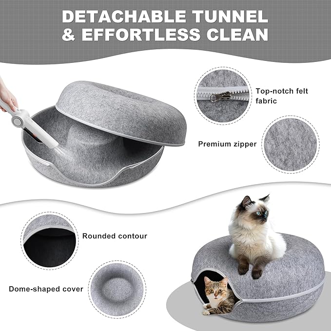 Peekaboo Cat Cave,Cat Tunnel Bed for Indoor Cats - L - 24 * 24 * 11 inch,Cat Donut Tunnel for Pet Cat House,Detachable Round Cat Felt & Washable Interior Cat Play Tunnel